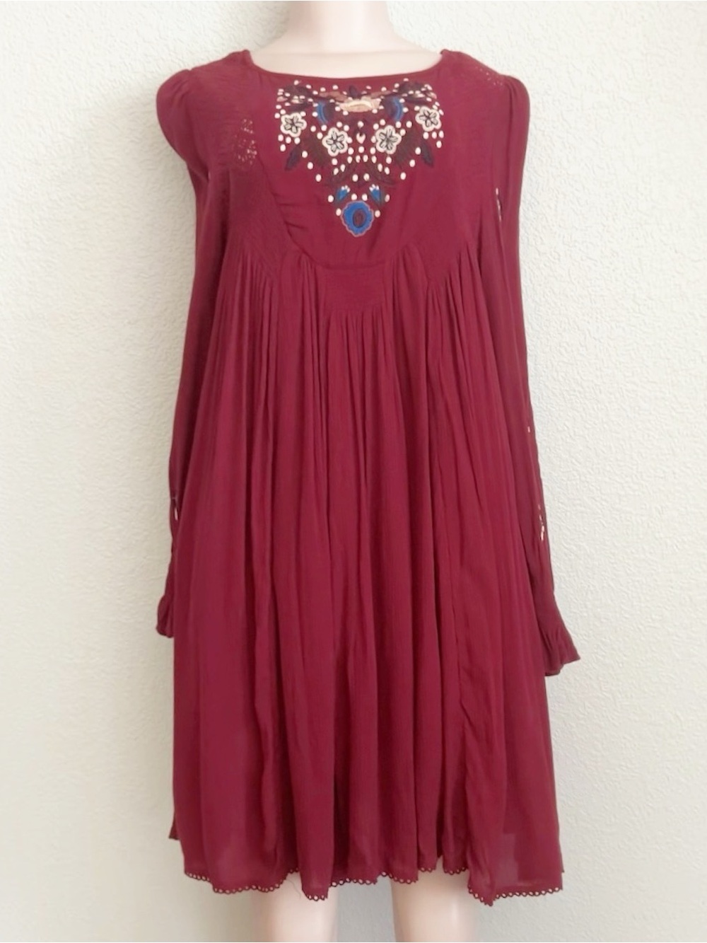 Free People Mohave Embroidered Boho Open V-Back Mini Dress Burgundy Plum Size M